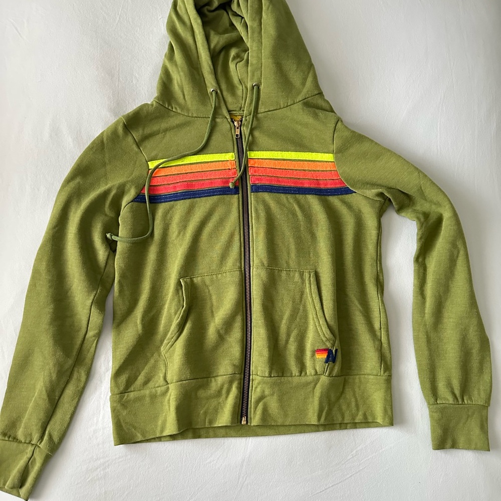Aviator Nation Green Zip Up Hoodie with Rainbow neon Stripes